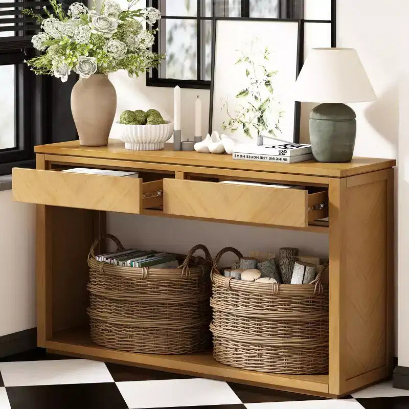 55 Tavolo Consolle Rustico da Ingresso con Cassetti Contenitori e Ripiano Aperto, Tavolo da Divano per Corridoio o Soggiorno