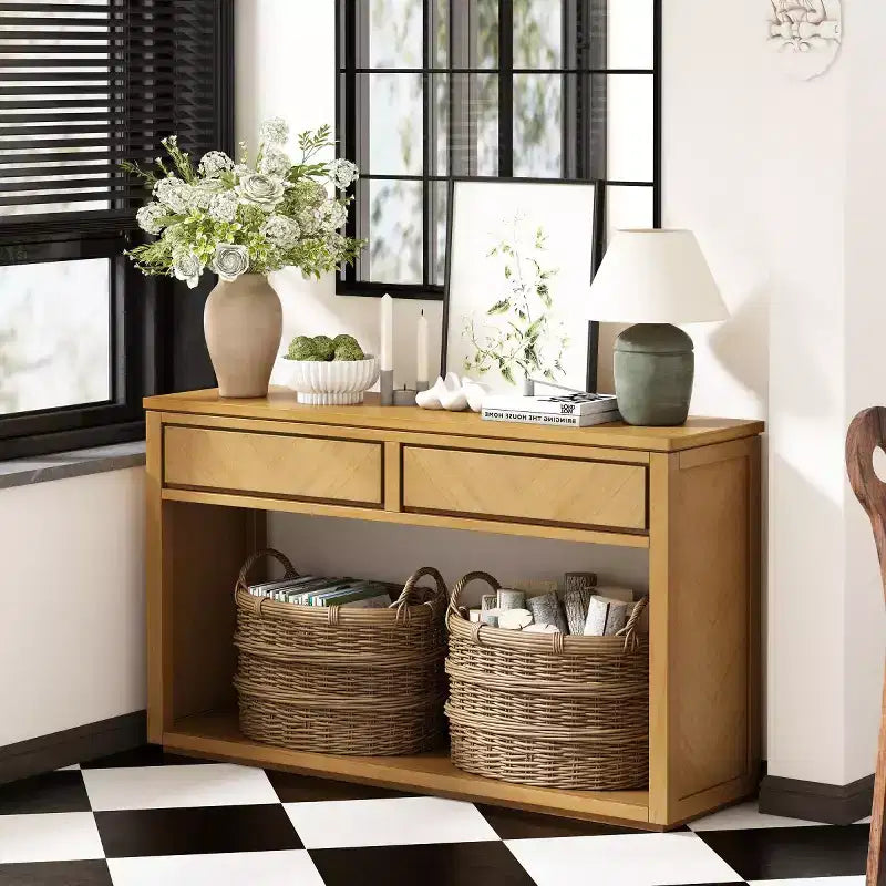 55 Tavolo Consolle Rustico da Ingresso con Cassetti Contenitori e Ripiano Aperto, Tavolo da Divano per Corridoio o Soggiorno