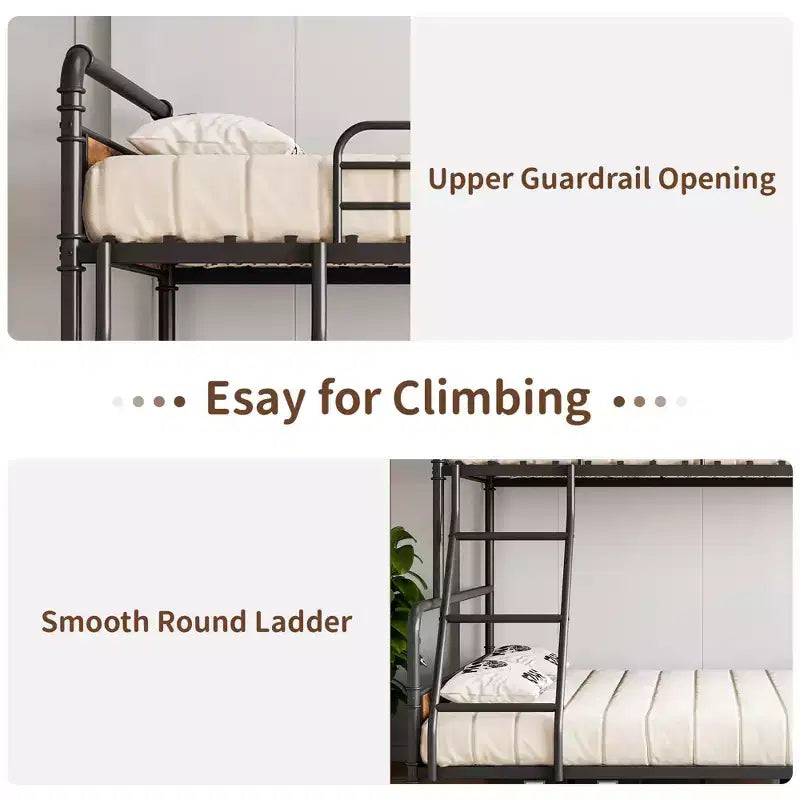 Wood-Grain Metal Twin Over Full Bunk Bed - Heavy Duty Steel Frame, High Guardrails for Safety, Space-Saving for Kids/Teens/Adults, Easy Assembly