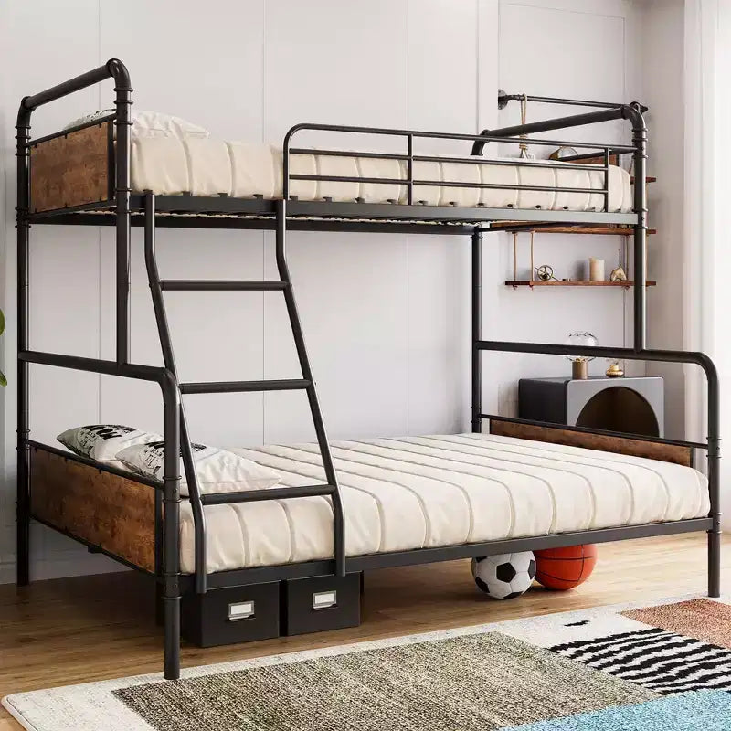 Letto a castello in metallo effetto legno, una piazza e mezza - Struttura in acciaio resistente, sponde di sicurezza alte, salvaspazio per bambini/ragazzi/adulti, facile da montare