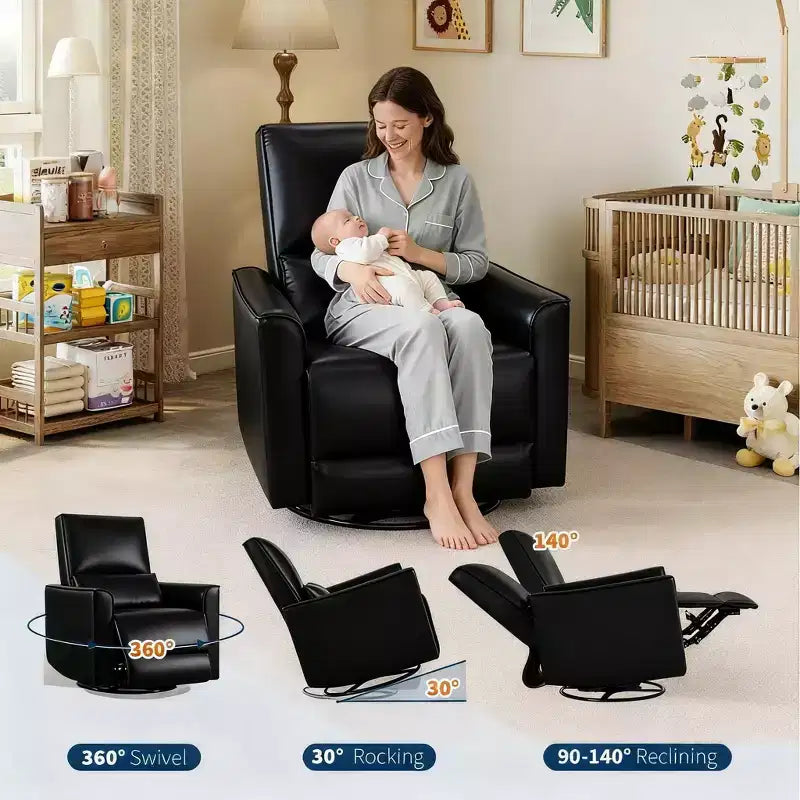 Poltrona Reclinabile, Poltrona a Dondolo Girevole a 360 Gradi per Nursery con Braccioli Imbottiti e Seduta Profonda, Divano Reclinabile Rivestito in Pelle PU