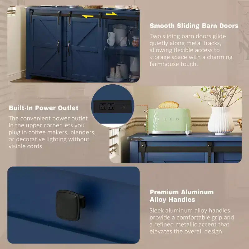 Madia/Credenza a 4 cassetti stile rustico per sala da pranzo, armadietti da cucina con ante scorrevoli a fienile e maniglie in metallo