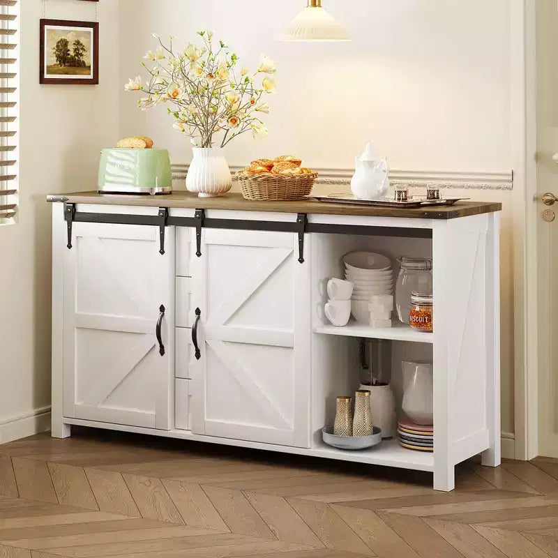 Madia/Credenza a 4 cassetti stile rustico per sala da pranzo, armadietti da cucina con ante scorrevoli a fienile e maniglie in metallo