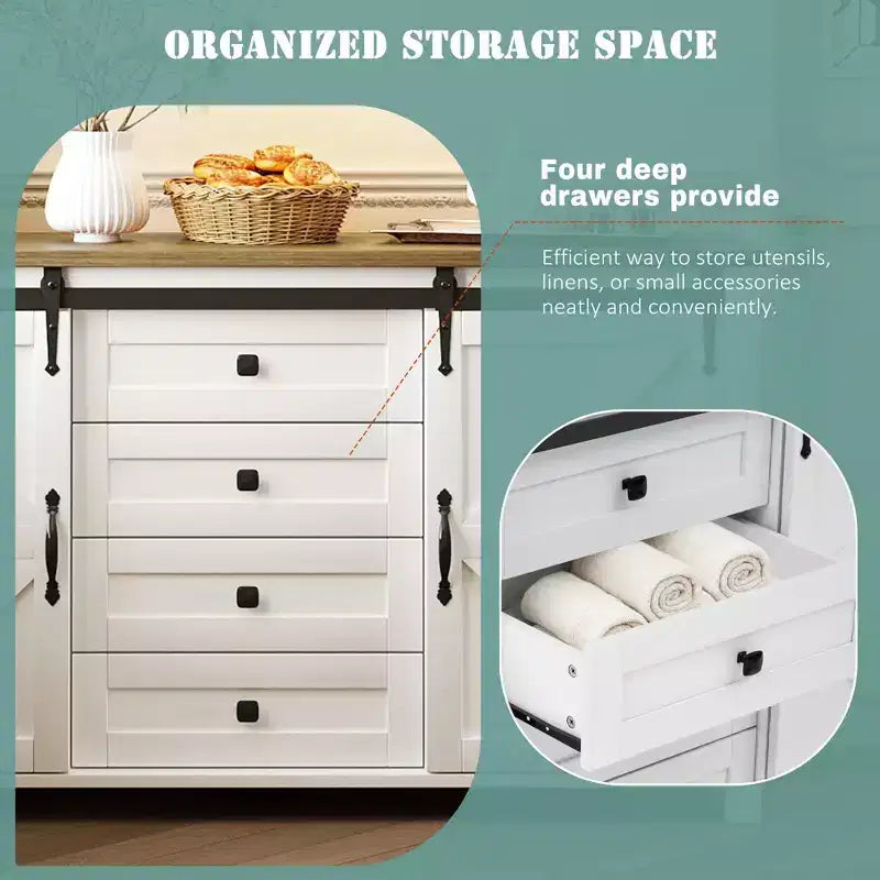 Madia/Credenza a 4 cassetti stile rustico per sala da pranzo, armadietti da cucina con ante scorrevoli a fienile e maniglie in metallo