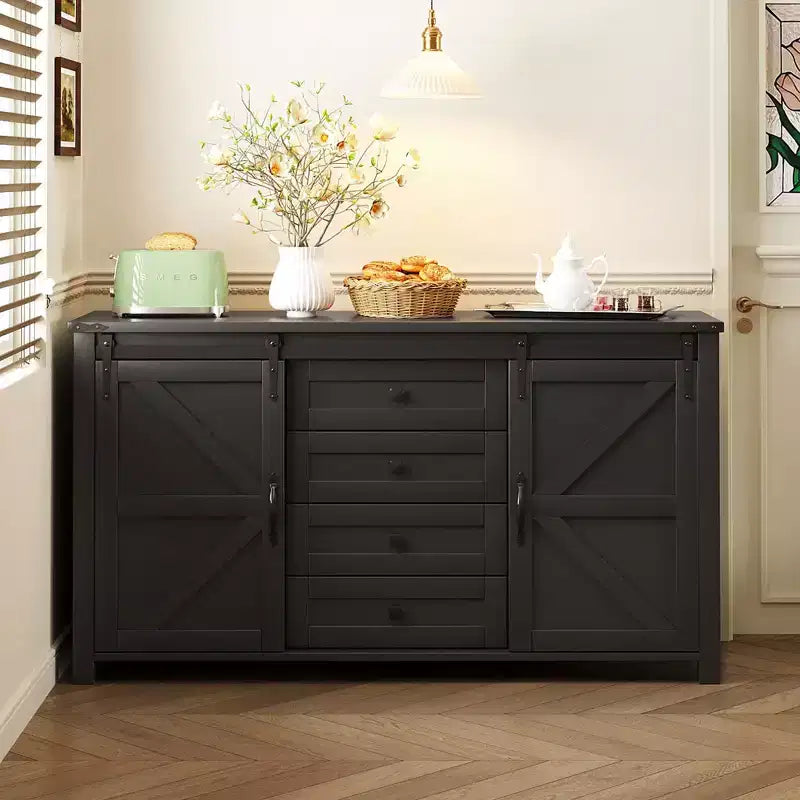 Madia/Credenza a 4 cassetti stile rustico per sala da pranzo, armadietti da cucina con ante scorrevoli a fienile e maniglie in metallo