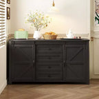 Madia/Credenza a 4 cassetti stile rustico per sala da pranzo, armadietti da cucina con ante scorrevoli a fienile e maniglie in metallo