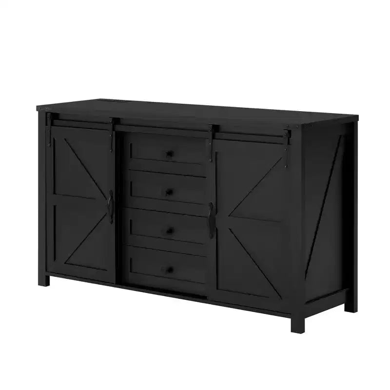 Madia/Credenza a 4 cassetti stile rustico per sala da pranzo, armadietti da cucina con ante scorrevoli a fienile e maniglie in metallo