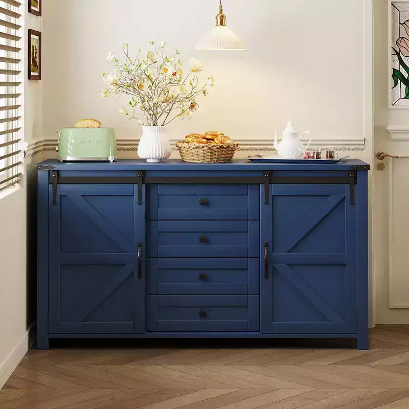 Madia/Credenza a 4 cassetti stile rustico per sala da pranzo, armadietti da cucina con ante scorrevoli a fienile e maniglie in metallo