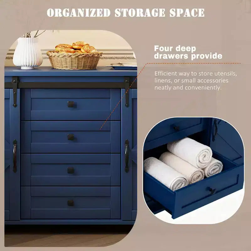 Madia/Credenza a 4 cassetti stile rustico per sala da pranzo, armadietti da cucina con ante scorrevoli a fienile e maniglie in metallo