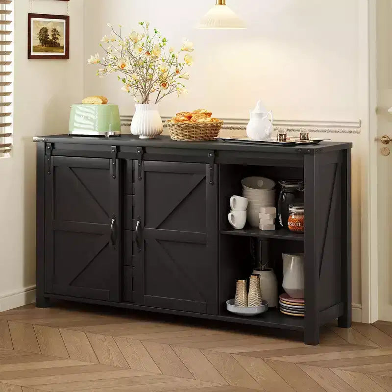 Okak Farmhouse 4-Drawer Buffet Sideboard Storage Cabinet for Dining Room,Kitchen Pantry Cabinets with Sliding Barn Door & Metal Handles