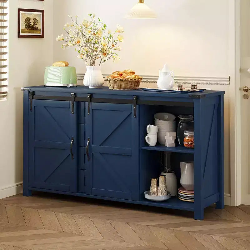 Farmhouse 4-Drawer Buffet Sideboard Storage Cabinet for Dining Room, Kitchen Pantry Cabinets with Sliding Barn Door & Metal Handles