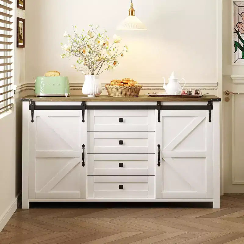 Farmhouse 4-Drawer Buffet Sideboard Storage Cabinet for Dining Room, Kitchen Pantry Cabinets with Sliding Barn Door & Metal Handles
