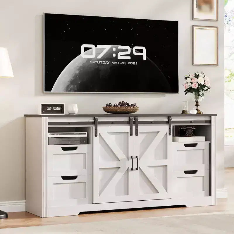 Mobile TV moderno per TV fino a 70'', Centro Intrattenimento da 66'' con 4 Cassetti e Anta Scorrevole a Fienile, Tavolo Consolle per Media in Legno