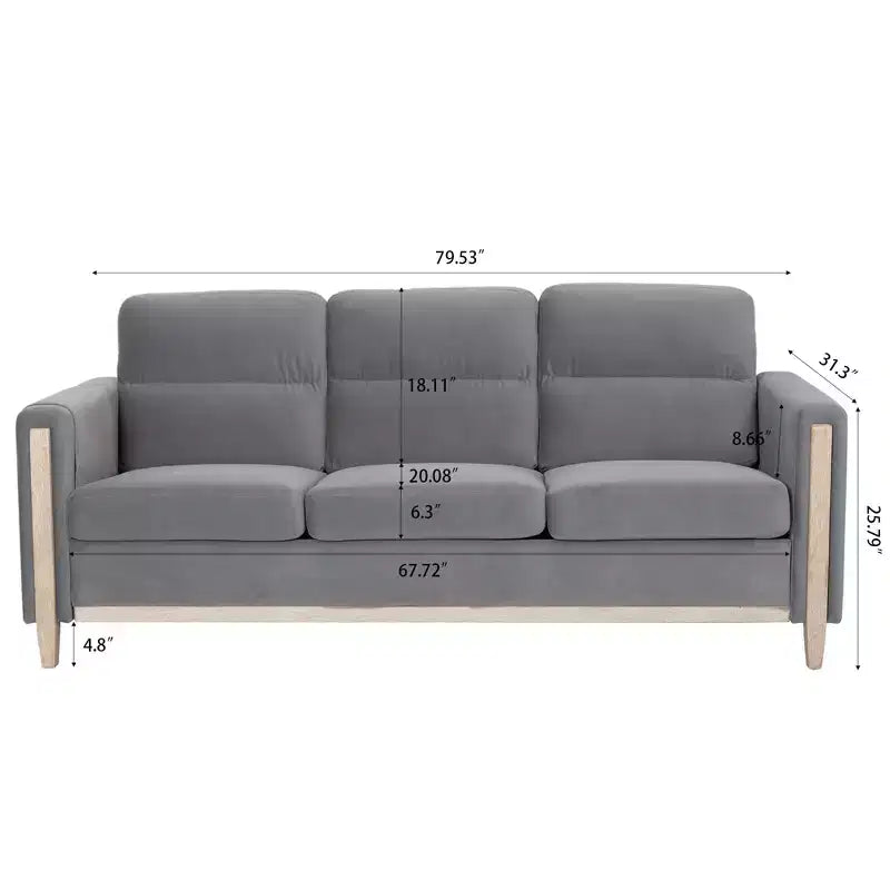 Divano moderno imbottito, divano a 3 posti con tasca laterale, struttura in legno, divanetto imbottito moderno di metà secolo per soggiorno, camera da letto, ufficio, grigio