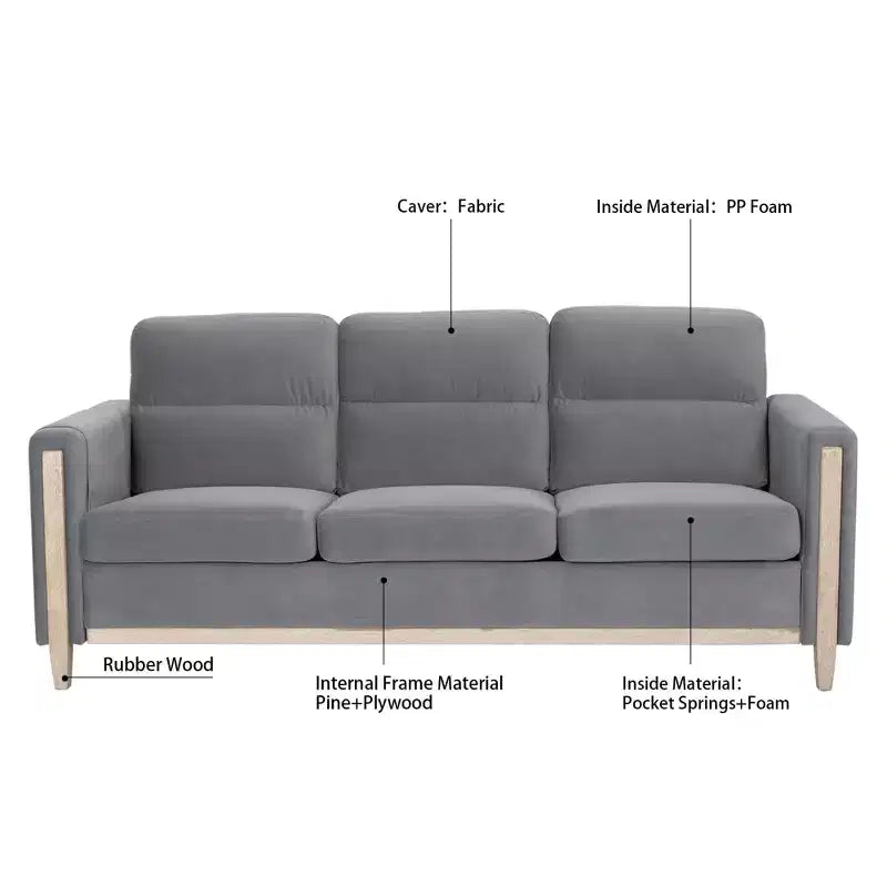 Divano moderno imbottito, divano a 3 posti con tasca laterale, struttura in legno, divanetto imbottito moderno di metà secolo per soggiorno, camera da letto, ufficio, grigio