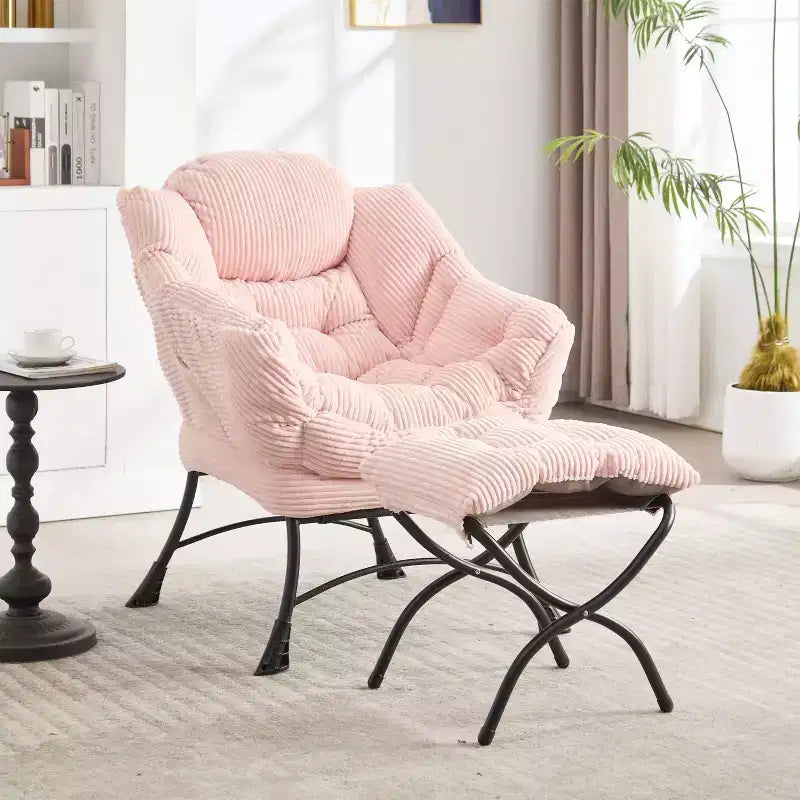 Poltrona reclinabile, Poltrona moderna con pouf, braccioli, tasca laterale, Poltrona relax rivestita in flanella per soggiorno, piccoli spazi