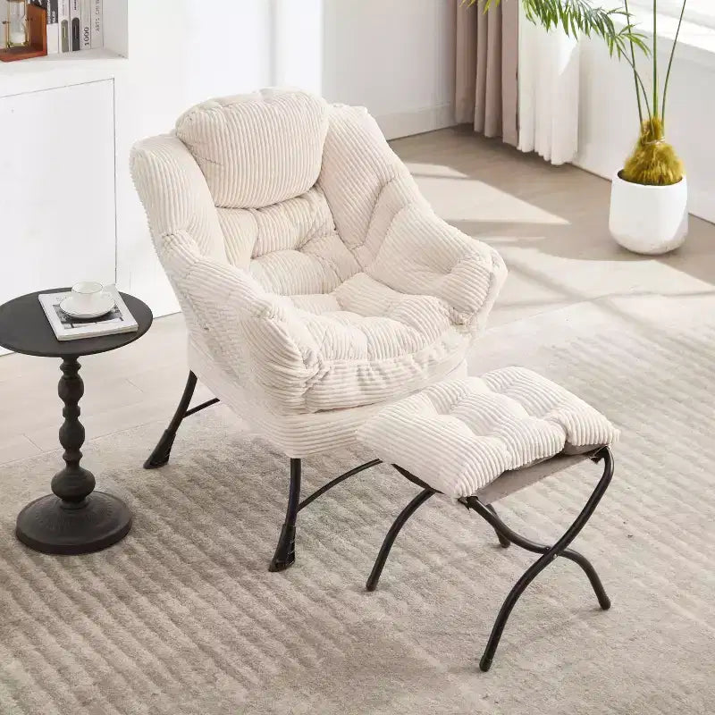 Poltrona reclinabile, Poltrona moderna con pouf, braccioli, tasca laterale, Poltrona relax rivestita in flanella per soggiorno, piccoli spazi