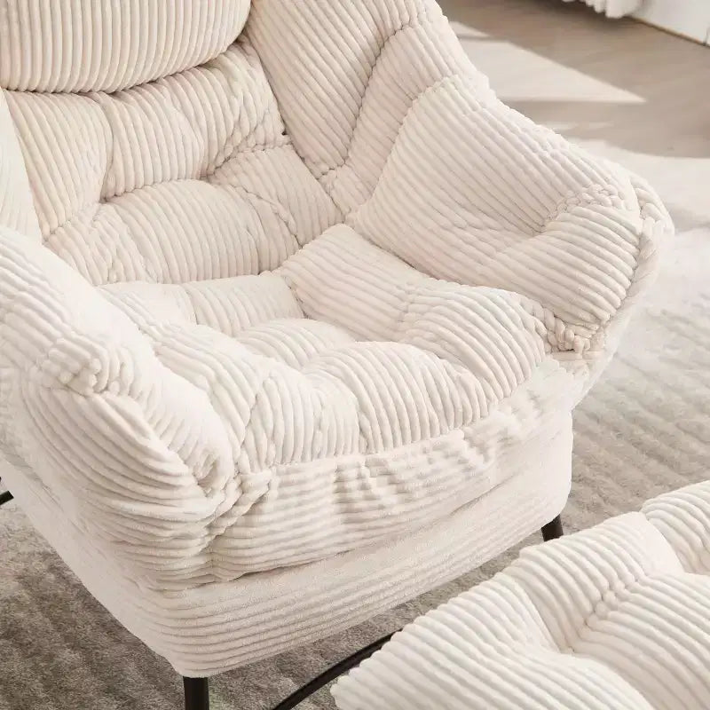 Poltrona reclinabile, Poltrona moderna con pouf, braccioli, tasca laterale, Poltrona relax rivestita in flanella per soggiorno, piccoli spazi