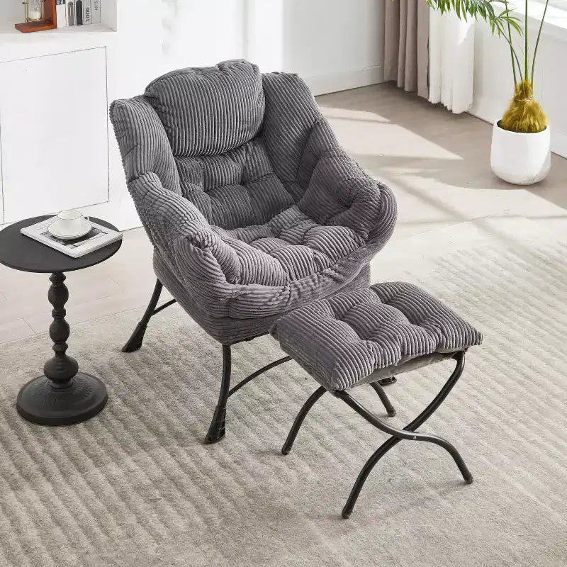 Poltrona reclinabile, Poltrona moderna con pouf, braccioli, tasca laterale, Poltrona relax rivestita in flanella per soggiorno, piccoli spazi