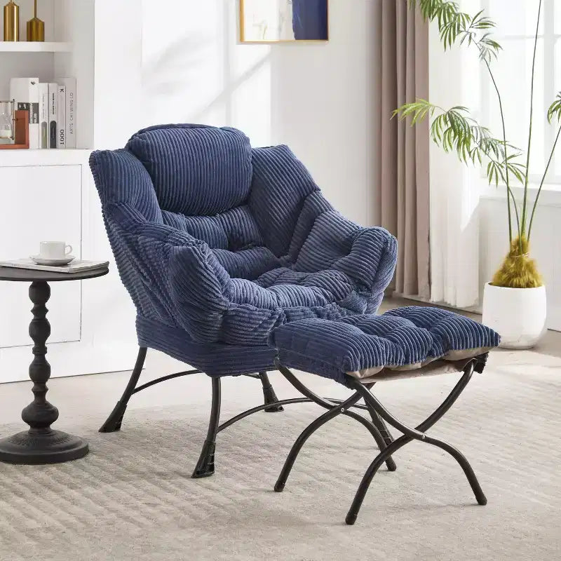 Poltrona reclinabile, Poltrona moderna con pouf, braccioli, tasca laterale, Poltrona relax rivestita in flanella per soggiorno, piccoli spazi