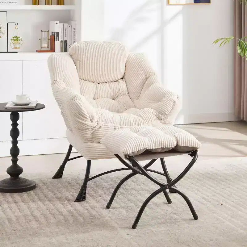 Poltrona reclinabile, Poltrona moderna con pouf, braccioli, tasca laterale, Poltrona relax rivestita in flanella per soggiorno, piccoli spazi