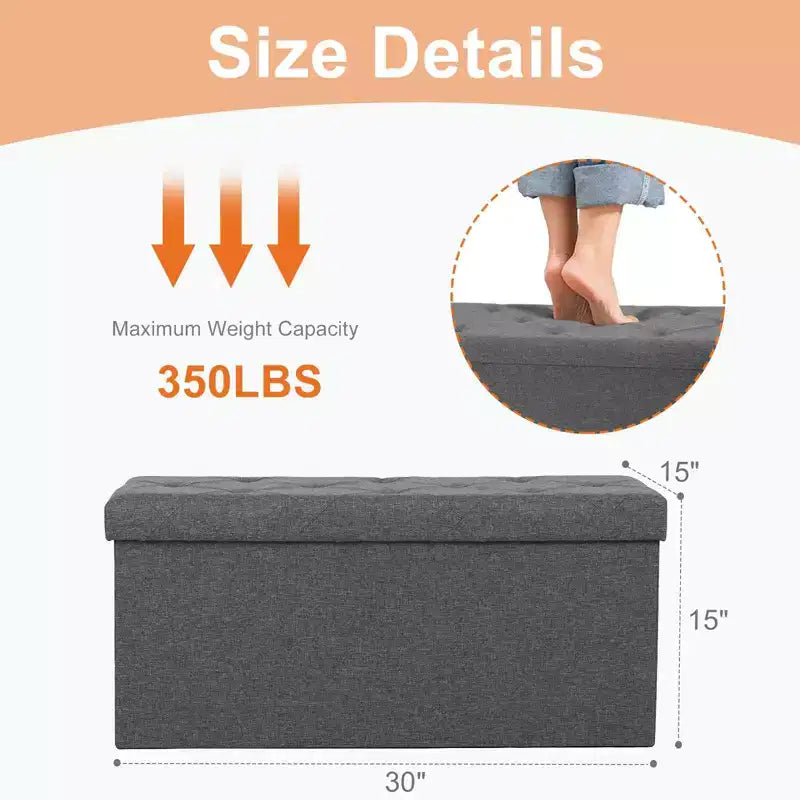 Pouf contenitore grigio, pouf con seduta imbottita in schiuma più spessa, panca pieghevole poggiapiedi per soggiorno, fondo letto, seduta extra e tavolino da caffè