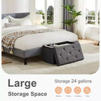 Pouf contenitore grigio, pouf con seduta imbottita in schiuma più spessa, panca pieghevole poggiapiedi per soggiorno, fondo letto, seduta extra e tavolino da caffè