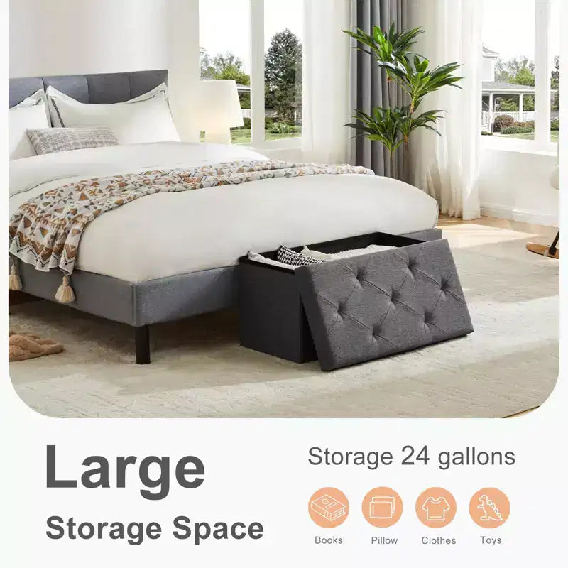 Pouf contenitore grigio, pouf con seduta imbottita in schiuma più spessa, panca pieghevole poggiapiedi per soggiorno, fondo letto, seduta extra e tavolino da caffè