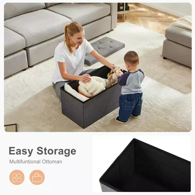 Pouf contenitore grigio, pouf con seduta imbottita in schiuma più spessa, panca pieghevole poggiapiedi per soggiorno, fondo letto, seduta extra e tavolino da caffè