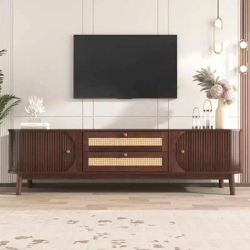 MAYEERTY Rattan TV Stand for TVs up to 75, Modern Farmhouse Media Console, Entertainment Center with Solid Wood Legs for Living Room Beige
