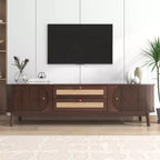 Mobile TV in Rattan per TV fino a 75 pollici, Consolle Multimediale Modern Farmhouse, Mobile Intrattenimento con Gambe in Legno Massello per Soggiorno Beige