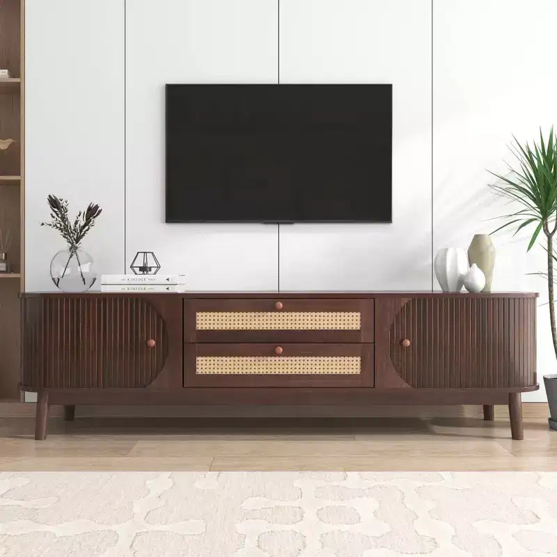 Mobile TV in Rattan per TV fino a 75 pollici, Consolle Multimediale Modern Farmhouse, Mobile Intrattenimento con Gambe in Legno Massello per Soggiorno Beige