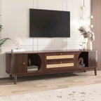 Mobile TV in Rattan per TV fino a 75 pollici, Consolle Multimediale Modern Farmhouse, Mobile Intrattenimento con Gambe in Legno Massello per Soggiorno Beige