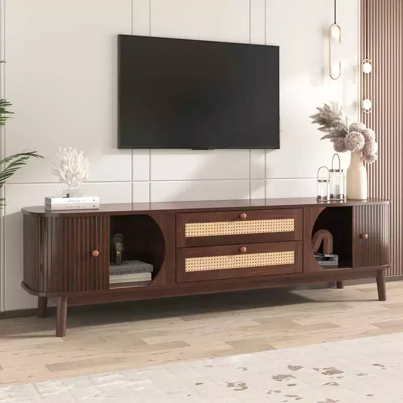 Mobile TV in Rattan per TV fino a 75 pollici, Consolle Multimediale Modern Farmhouse, Mobile Intrattenimento con Gambe in Legno Massello per Soggiorno Beige