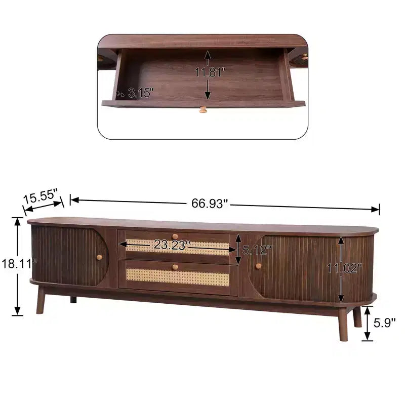 Mobile TV in Rattan per TV fino a 75 pollici, Consolle Multimediale Modern Farmhouse, Mobile Intrattenimento con Gambe in Legno Massello per Soggiorno Beige