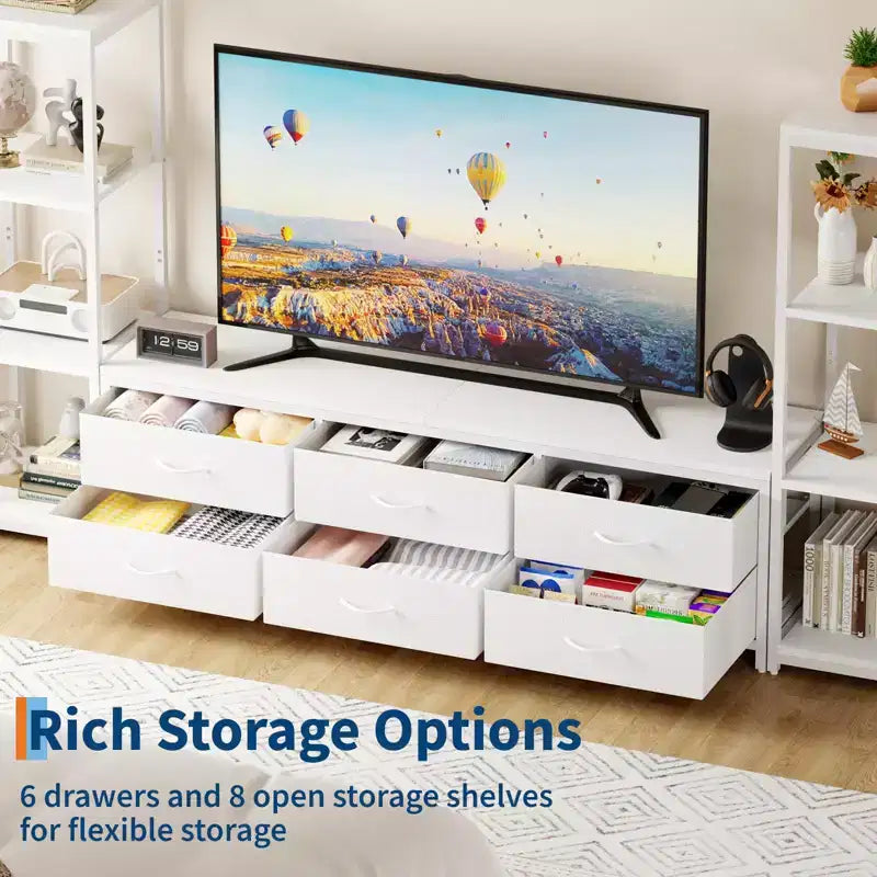 Mobile TV da 89 Pollici con 9 Cassetti in Tessuto, Centro di Intrattenimento con 2 Librerie Industriali a 4 Ripiani, Tavolo Console Porta TV per Soggiorno, Camera da Letto