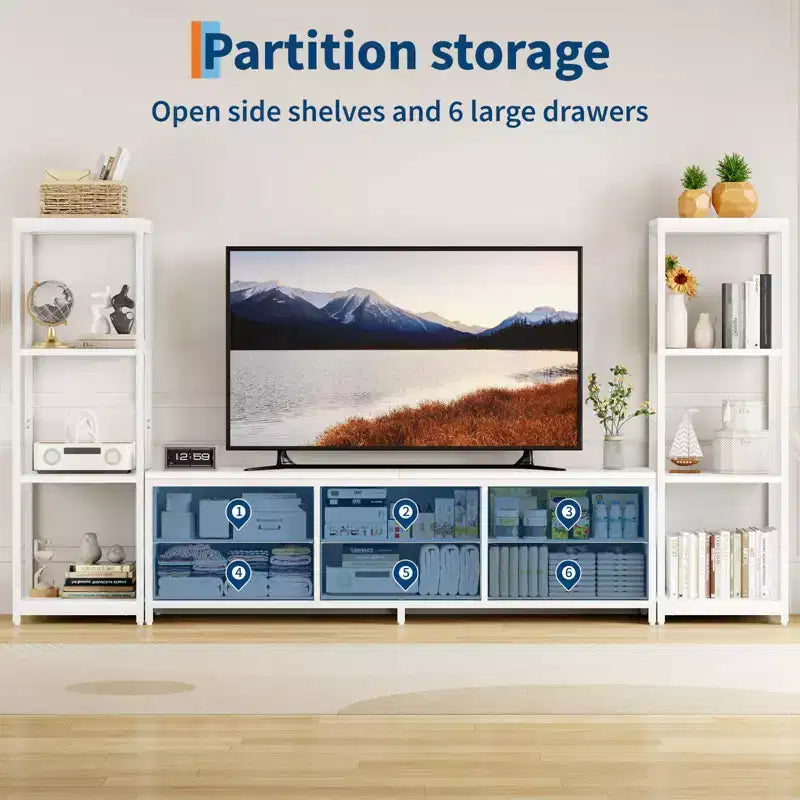 Mobile TV da 89 Pollici con 9 Cassetti in Tessuto, Centro di Intrattenimento con 2 Librerie Industriali a 4 Ripiani, Tavolo Console Porta TV per Soggiorno, Camera da Letto