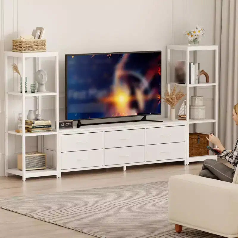 Mobile TV da 89 Pollici con 9 Cassetti in Tessuto, Centro di Intrattenimento con 2 Librerie Industriali a 4 Ripiani, Tavolo Console Porta TV per Soggiorno, Camera da Letto