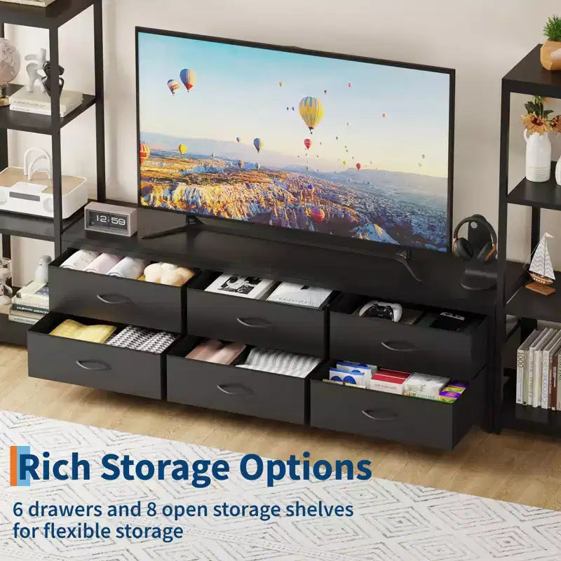 Mobile TV da 89 Pollici con 9 Cassetti in Tessuto, Centro di Intrattenimento con 2 Librerie Industriali a 4 Ripiani, Tavolo Console Porta TV per Soggiorno, Camera da Letto