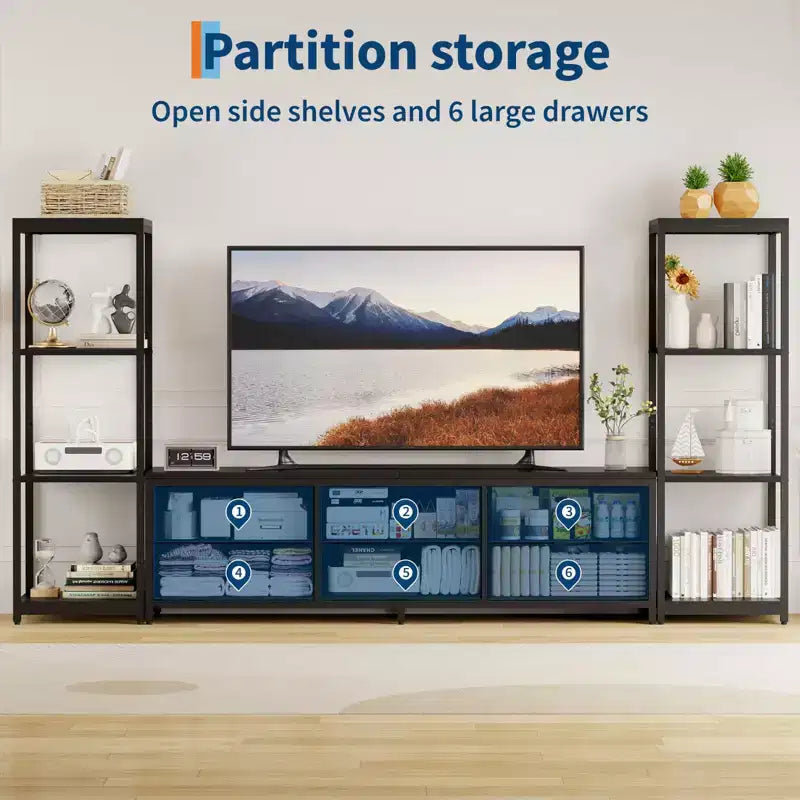 Mobile TV da 89 Pollici con 9 Cassetti in Tessuto, Centro di Intrattenimento con 2 Librerie Industriali a 4 Ripiani, Tavolo Console Porta TV per Soggiorno, Camera da Letto
