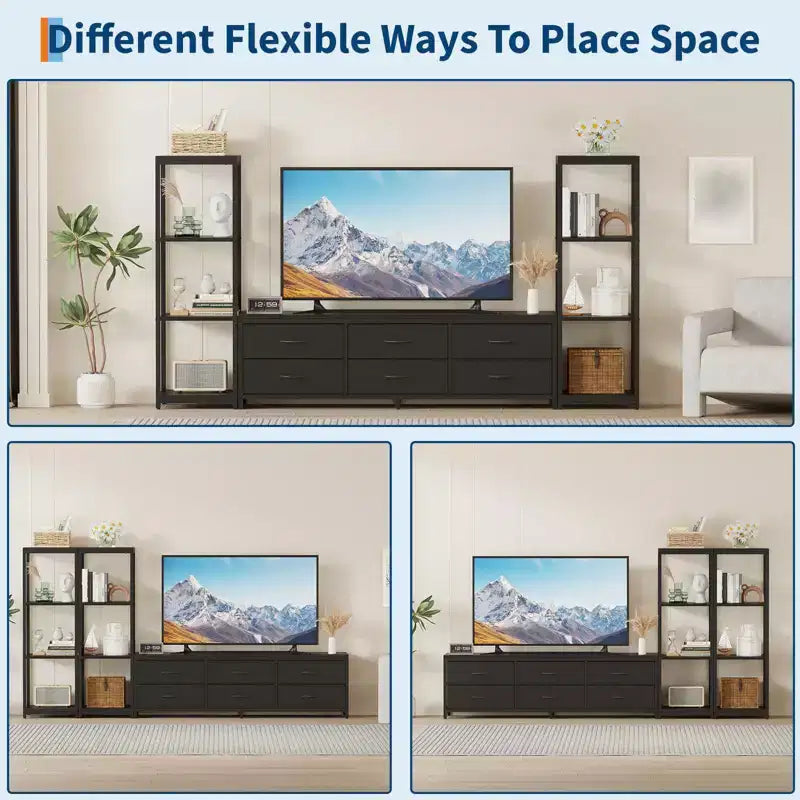 Mobile TV da 89 Pollici con 9 Cassetti in Tessuto, Centro di Intrattenimento con 2 Librerie Industriali a 4 Ripiani, Tavolo Console Porta TV per Soggiorno, Camera da Letto