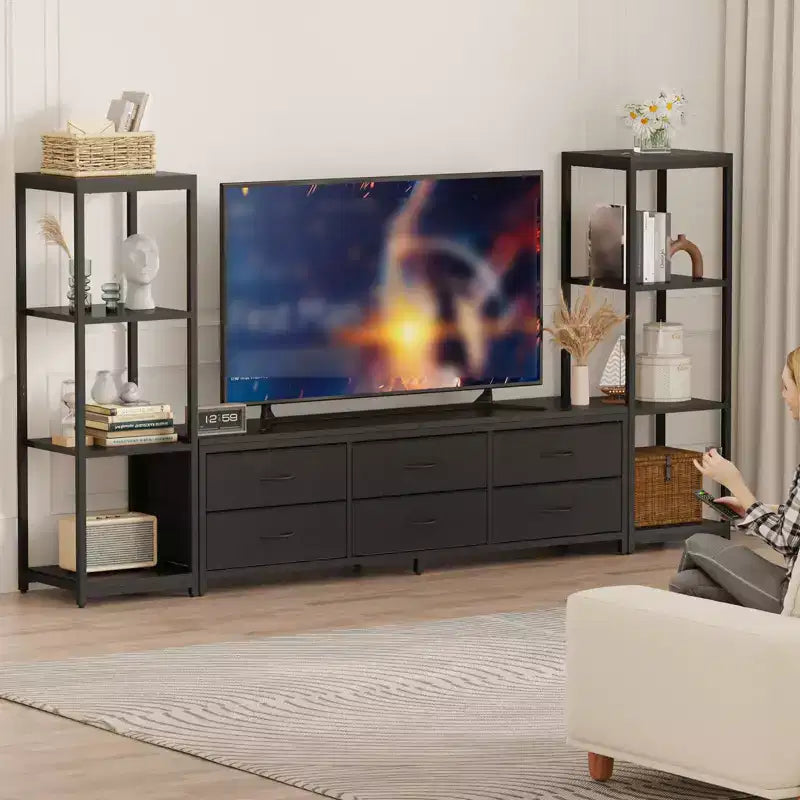 Mobile TV da 89 Pollici con 9 Cassetti in Tessuto, Centro di Intrattenimento con 2 Librerie Industriali a 4 Ripiani, Tavolo Console Porta TV per Soggiorno, Camera da Letto