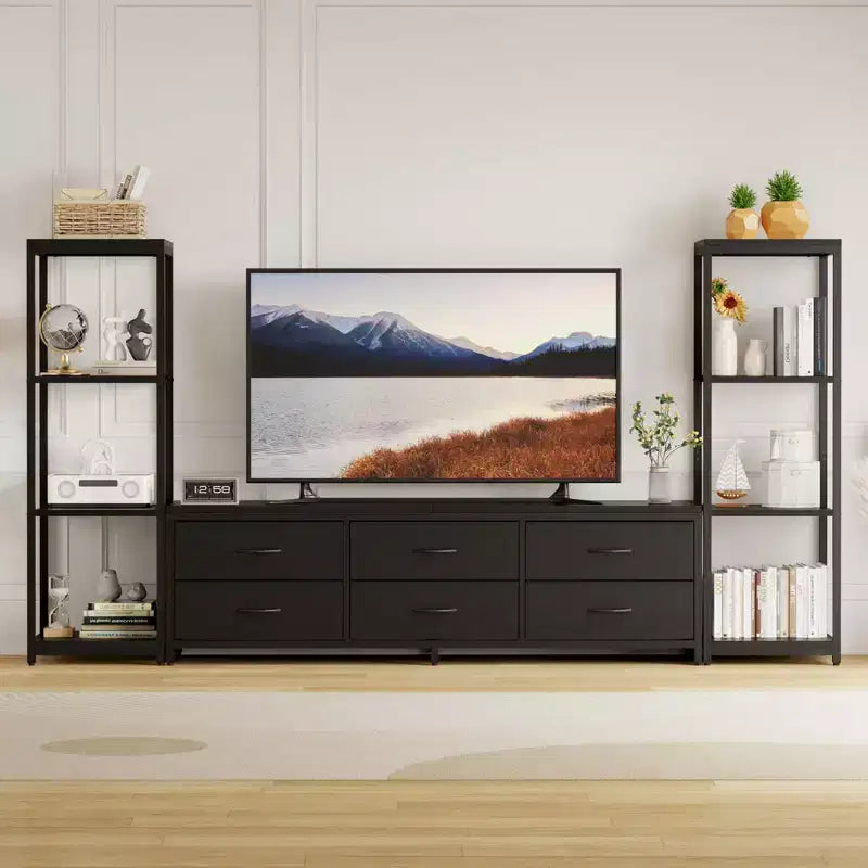 Mobile TV da 89 Pollici con 9 Cassetti in Tessuto, Centro di Intrattenimento con 2 Librerie Industriali a 4 Ripiani, Tavolo Console Porta TV per Soggiorno, Camera da Letto