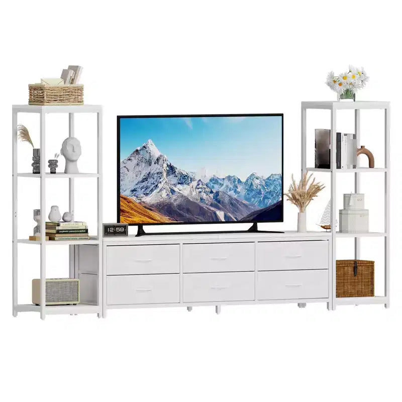 Mobile TV da 89 Pollici con 9 Cassetti in Tessuto, Centro di Intrattenimento con 2 Librerie Industriali a 4 Ripiani, Tavolo Console Porta TV per Soggiorno, Camera da Letto