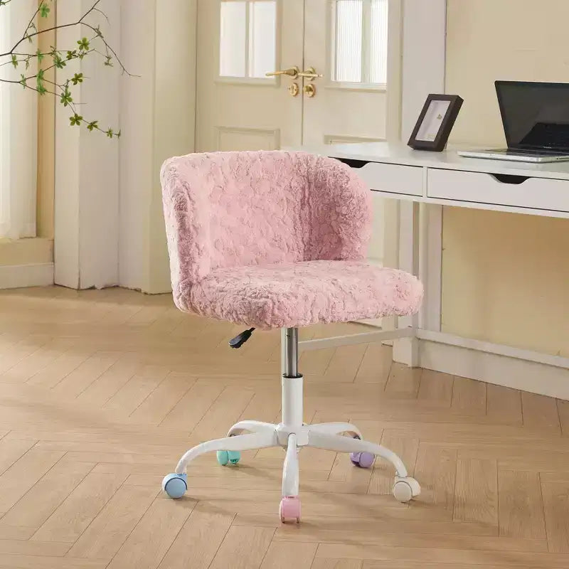 TUYOHW Kawaii Swivel Desk Chairs for Teens & Adults,Adjustable Height Faux Fur Vanity Chair,17.7-21.3H Kid's Computer Chair with Metal Base