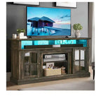 LED Farmhouse TV Stand for 75 Inch , Entertainment Center with Glass Doors & Power Outlets, Media Console Cabinet for Living Room,Dark Rustic Oak