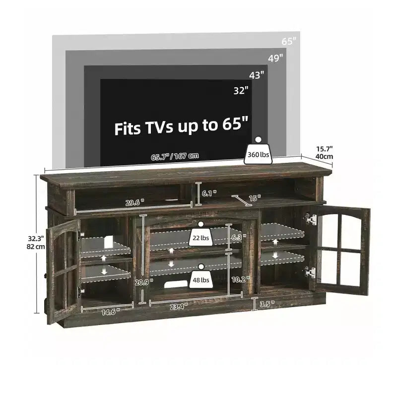 Mobile TV da Fattoria con LED per TV da 75 Pollici, Centro di Intrattenimento con Ante in Vetro e Prese di Corrente, Mobile Console per Soggiorno, Rovere Rustico Scuro