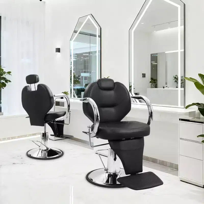 Poltrona da barbiere/salone per impieghi gravosi, reclinabile idraulica, girevole a 360°, regolabile in altezza, capacità 150 kg, per salone, barberia e spa