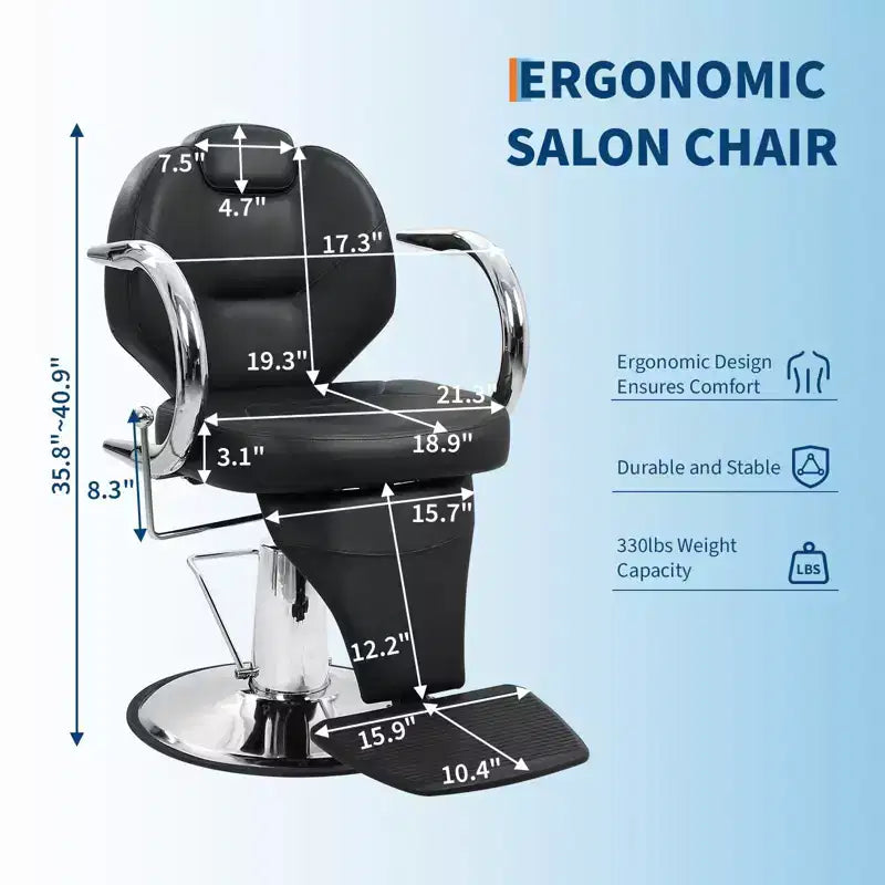 Poltrona da barbiere/salone per impieghi gravosi, reclinabile idraulica, girevole a 360°, regolabile in altezza, capacità 150 kg, per salone, barberia e spa
