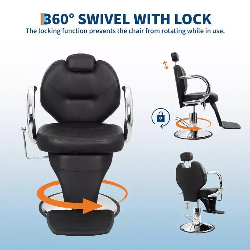 Poltrona da barbiere/salone per impieghi gravosi, reclinabile idraulica, girevole a 360°, regolabile in altezza, capacità 150 kg, per salone, barberia e spa